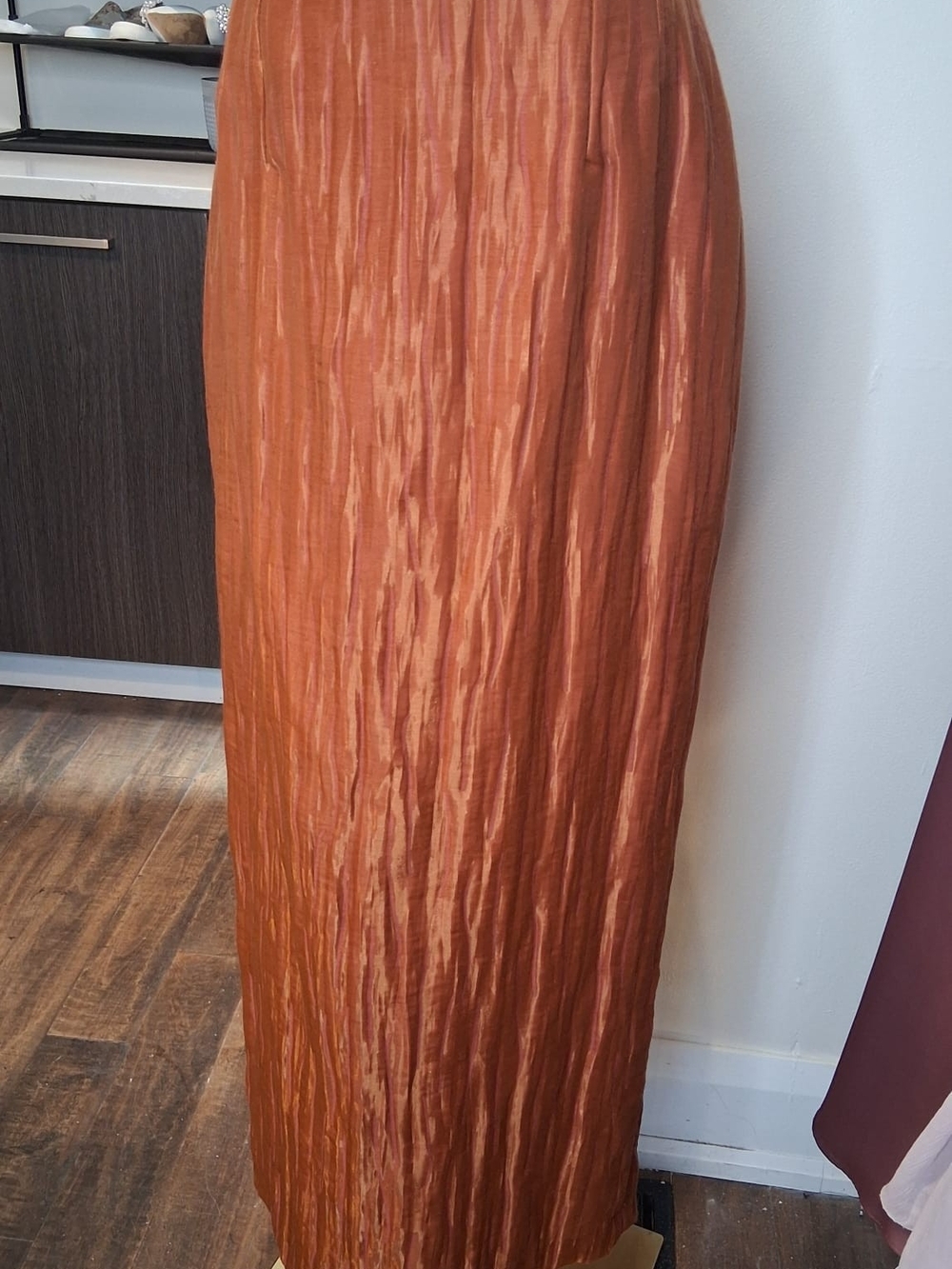 Olivier Strelli Vintage Copper Orange Pleated Column Maxi Skirt Shimmer EU 42